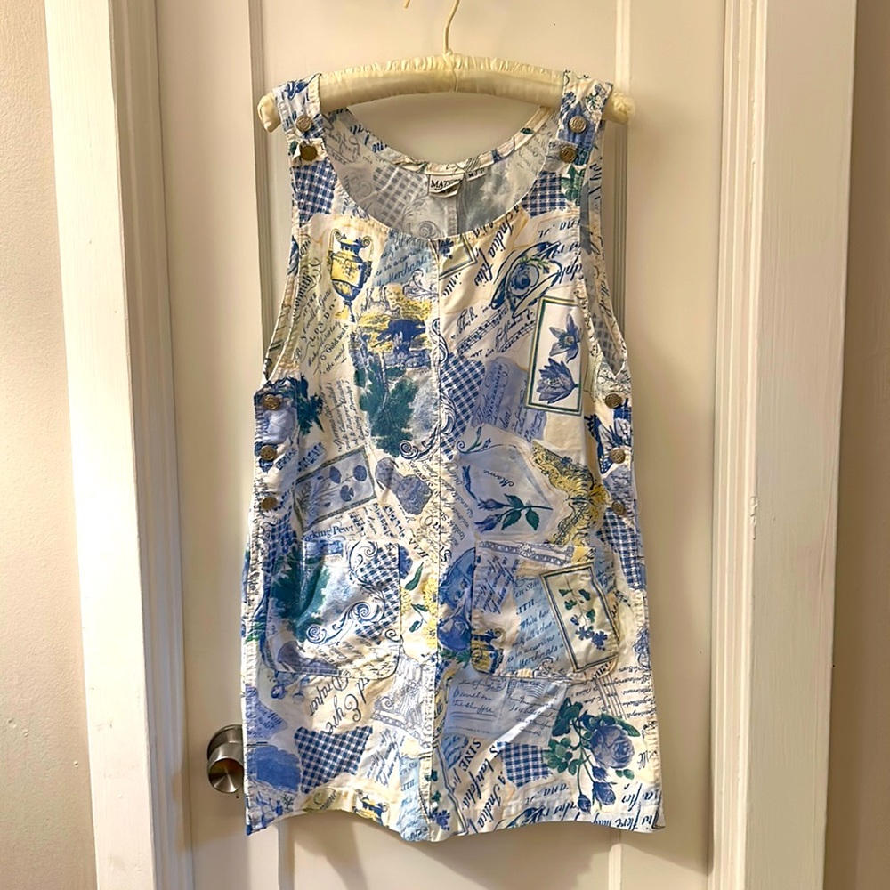 90s pattern jumper dress with pockets, chinoiserie dress, denim dress